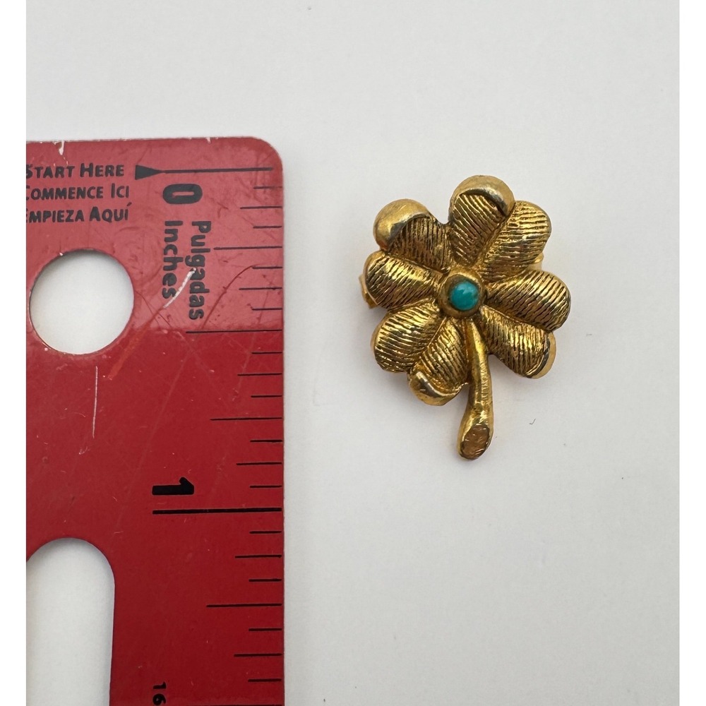 Vintage Four Leaf Clover Brooch Gold Tone Blue Stone Good Luck Charm - Picture 5 of 6